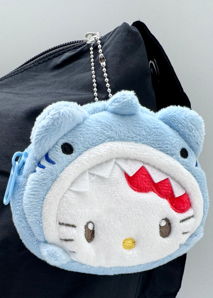 Sanrio Hello Kitty Jaws Cosplay Plush Coin Bag in blue with Hello Kitty in Jaws shark costume on plush coin bag — model view