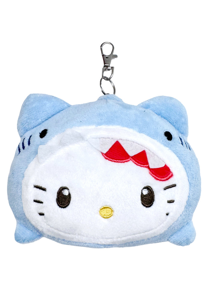 Sanrio Hello Kitty Jaws Cosplay Retractable Cord Pass Holder Plush Mascot in blue with Hello Kitty in Jaws shark costume on retractable cord pass holder — front view
