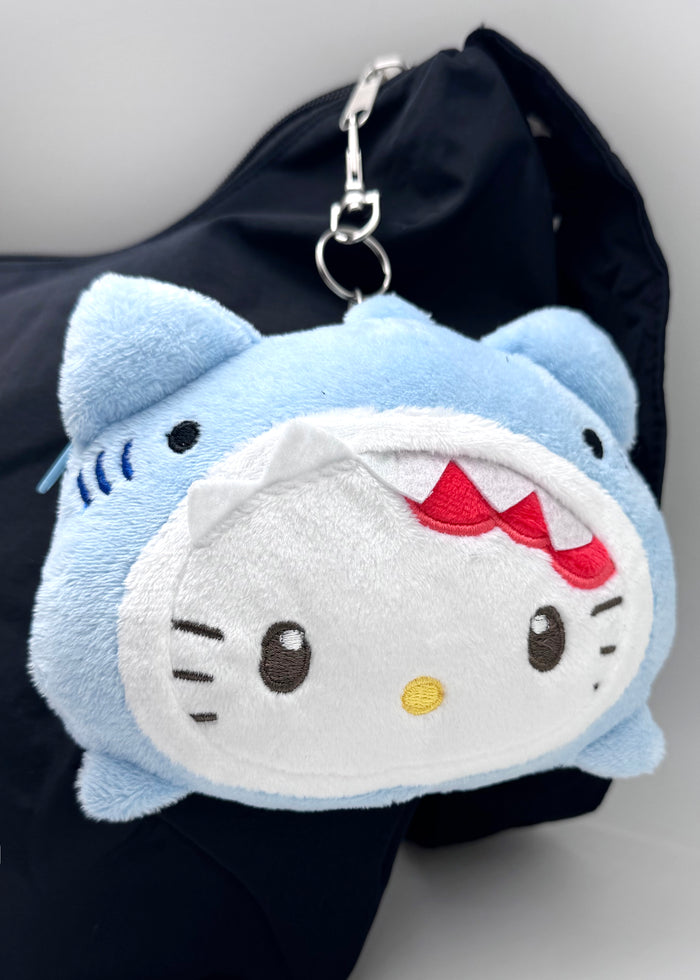 Sanrio Hello Kitty Jaws Cosplay Retractable Cord Pass Holder Plush Mascot in blue with Hello Kitty in Jaws shark costume on retractable cord pass holder — model view