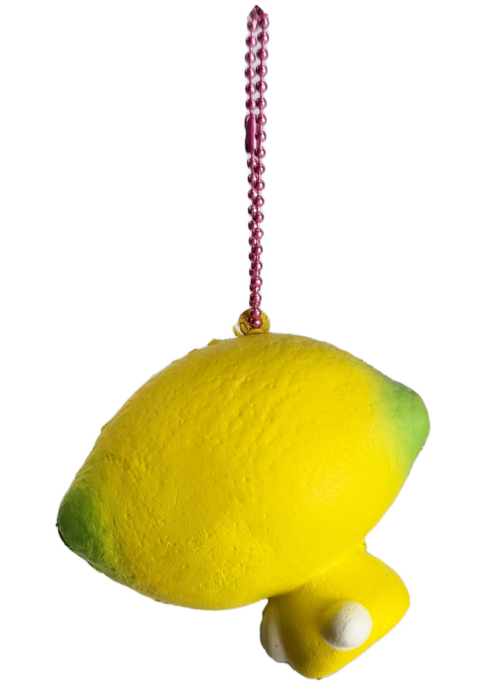 Sanrio Hello Kitty Lemon Mascot Keychain in yellow with Hello Kitty dressed as a lemon on soft plush mascot keychain — back view