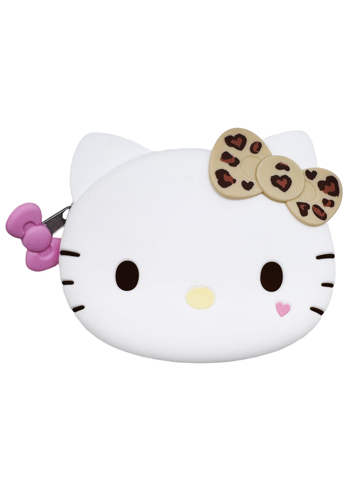 Sanrio Hello Kitty Leopard 3D Silicone Pouch in leopard print with 3D Hello Kitty face on silicone cosmetic makeup bag — front view