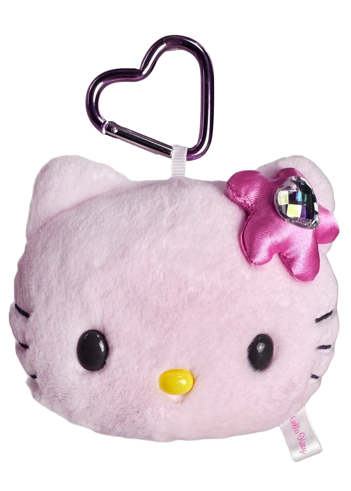 Sanrio Hello Kitty Pink Plush Mascot Carabiner with Mirror in pink with Hello Kitty plush and built-in compact mirror on carabiner — front view