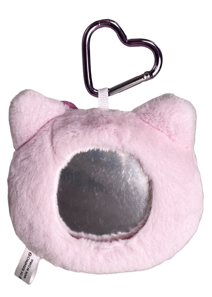 Sanrio Hello Kitty Pink Plush Mascot Carabiner with Mirror in pink with Hello Kitty plush and built-in compact mirror on carabiner — back view