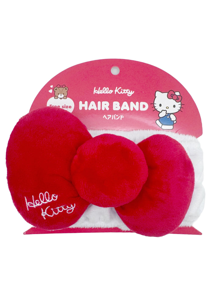 Sanrio Hello Kitty Plush Bow Hair Band in white with Hello Kitty signature red bow in plush form on stretchy hair band — front view