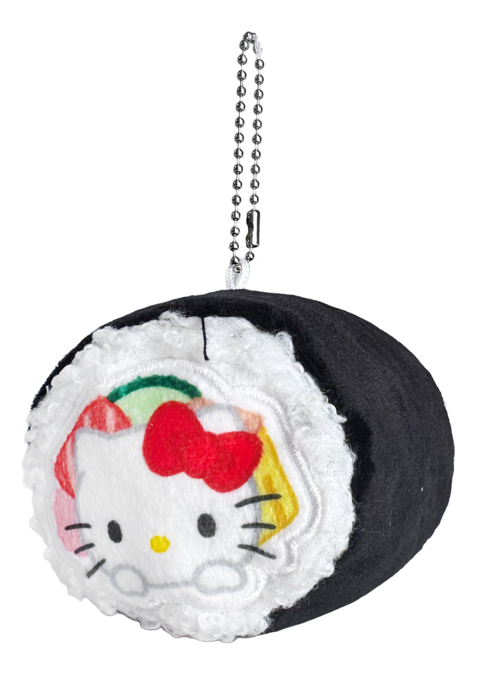 Sanrio Hello Kitty Sushi Roll Plush Mascot Keychain in multi with Hello Kitty shaped as a sushi roll on plush festival keychain — front view