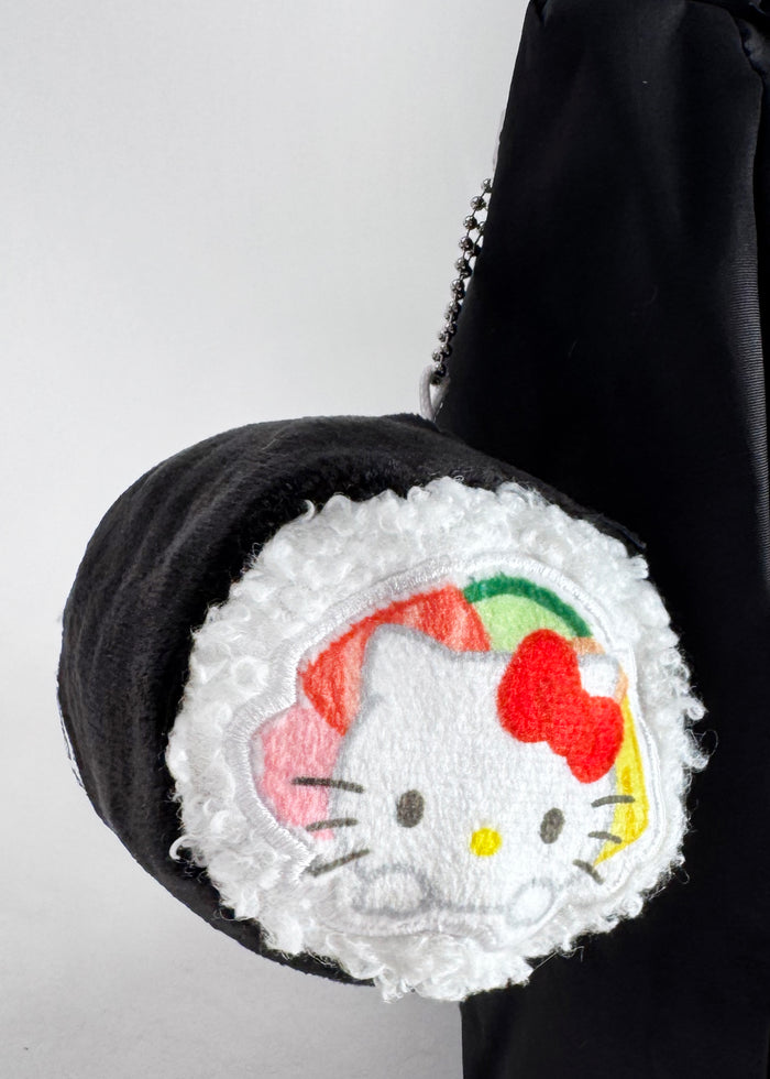 Sanrio Hello Kitty Sushi Roll Plush Mascot Keychain in multi with Hello Kitty shaped as a sushi roll on plush festival keychain — detail view