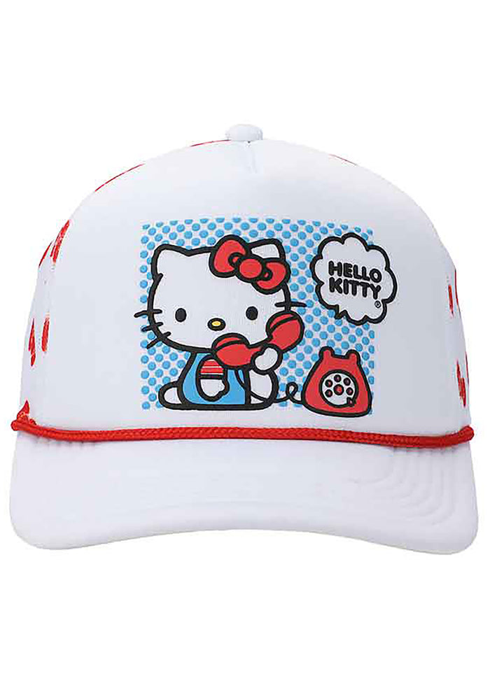 Bioworld Sanrio Hello Kitty Telephone Bow Mesh Trucker Hat in white red with Hello Kitty telephone bow print on kawaii fandom rave festival hat — flat front view