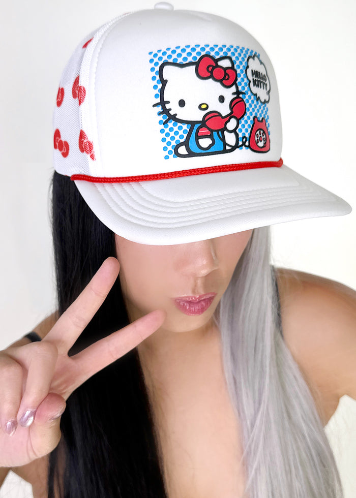 Bioworld Sanrio Hello Kitty Telephone Bow Mesh Trucker Hat in white red — model side view