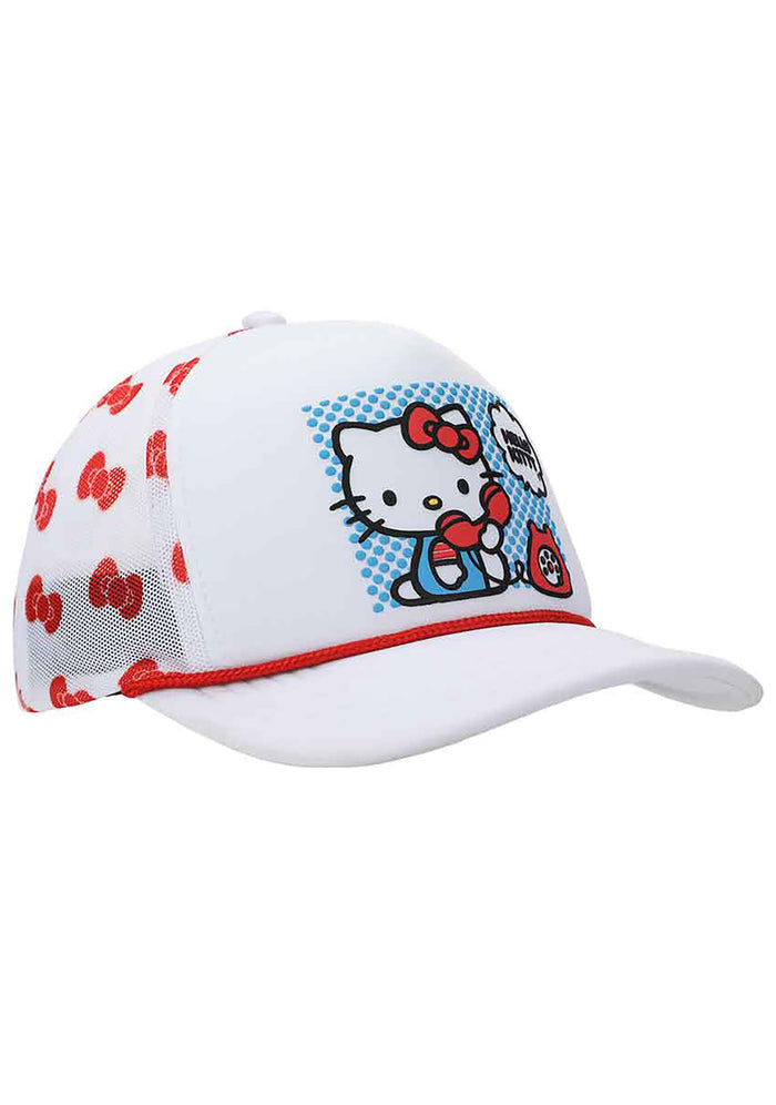 Bioworld Sanrio Hello Kitty Telephone Bow Mesh Trucker Hat in white red — front view on display