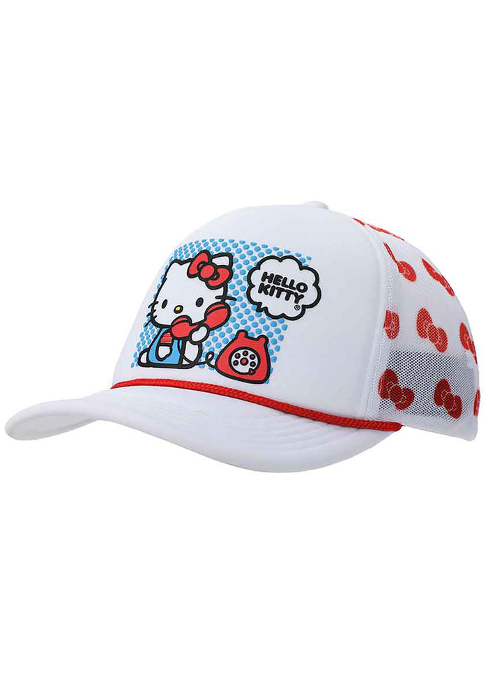 Bioworld Sanrio Hello Kitty Telephone Bow Mesh Trucker Hat in white red — side view