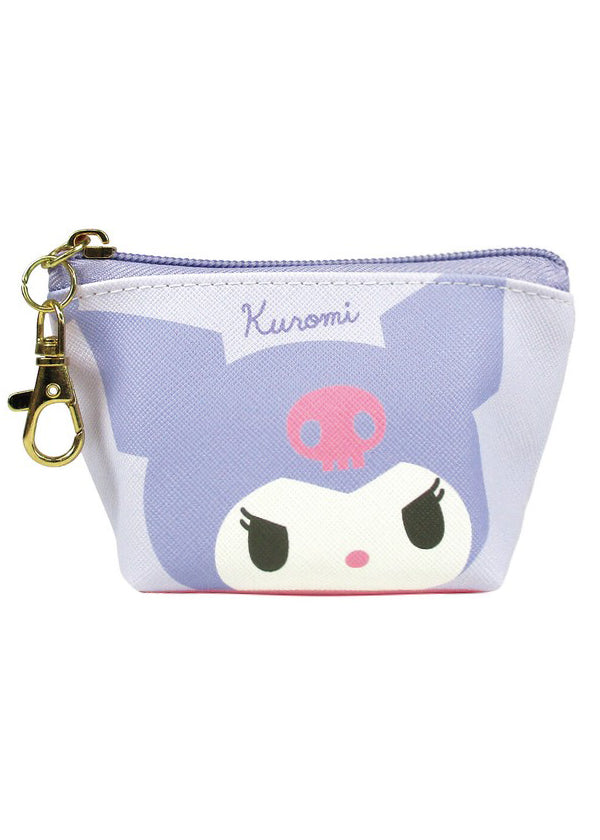 Sanrio Kuromi Big Face Mini Coin Pouch in purple with full-front Kuromi face on soft plush mini coin pouch — front view