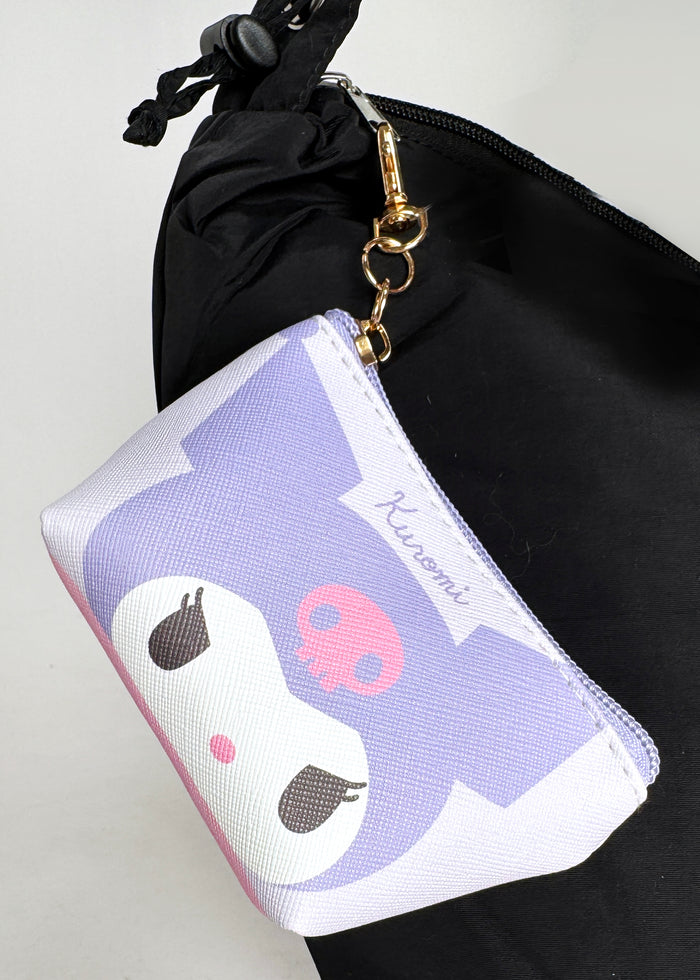 Sanrio Kuromi Big Face Mini Coin Pouch in purple with full-front Kuromi face on soft plush mini coin pouch — detail view