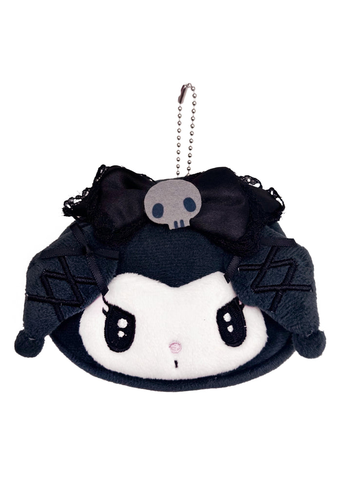 Sanrio Kuromi Lolita Plush Coin Bag in black with gothic lolita lace and Kuromi plush on kawaii coin bag — front view