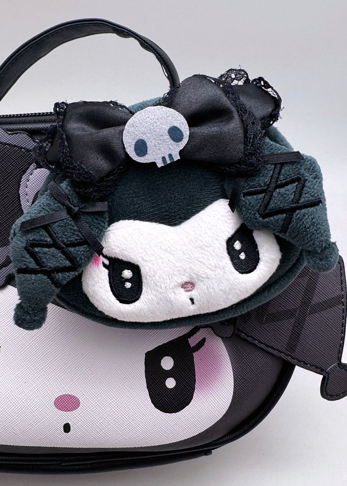 Sanrio Kuromi Lolita Plush Coin Bag in black with gothic lolita lace and Kuromi plush on kawaii coin bag — model view