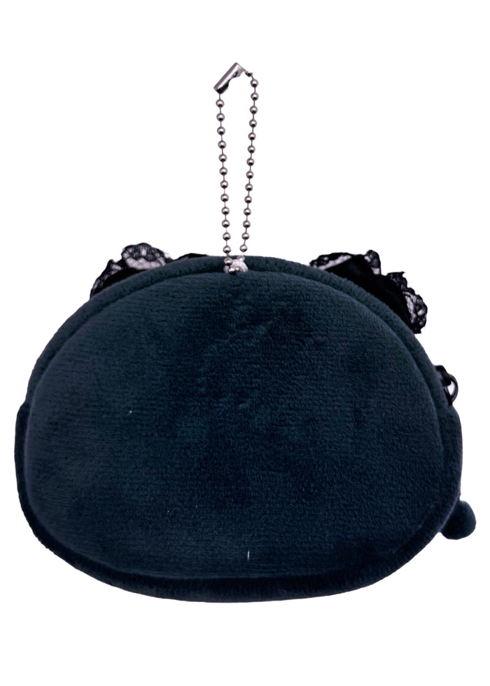 Sanrio Kuromi Lolita Plush Coin Bag in black with gothic lolita lace and Kuromi plush on kawaii coin bag — back view