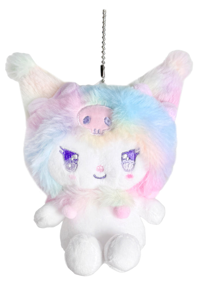 Sanrio Kuromi Pastel Rainbow Plush Ball Chain Mascot Keychain in multi with soft Kuromi plush on pastel rainbow ball chain festival keychain — front view