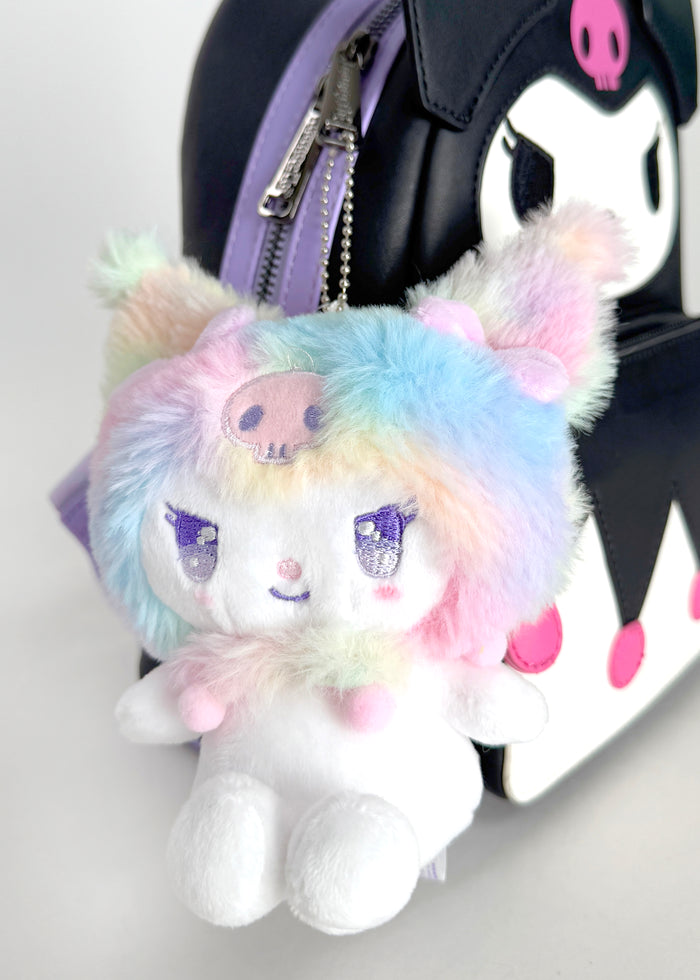 Sanrio Kuromi Pastel Rainbow Plush Ball Chain Mascot Keychain in multi with soft Kuromi plush on pastel rainbow ball chain festival keychain — model view