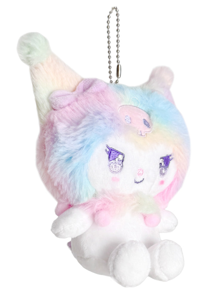 Sanrio Kuromi Pastel Rainbow Plush Ball Chain Mascot Keychain in multi with soft Kuromi plush on pastel rainbow ball chain festival keychain — side view