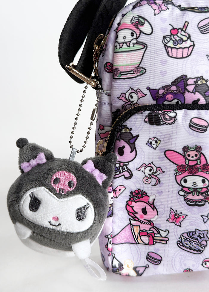 Sanrio Kuromi Plush Mascot Keychain in black with chibi Kuromi plush on soft festival mascot keychain — detail view