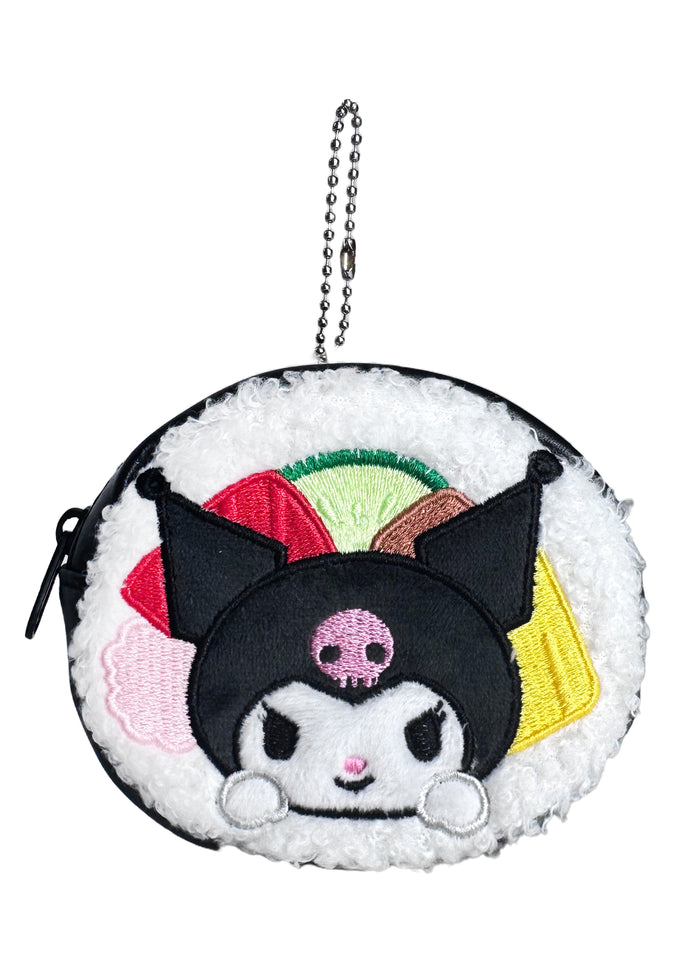 Sanrio Kuromi Sushi Roll Plush Coin Bag in multi with Kuromi sushi roll plush on kawaii coin bag — front view