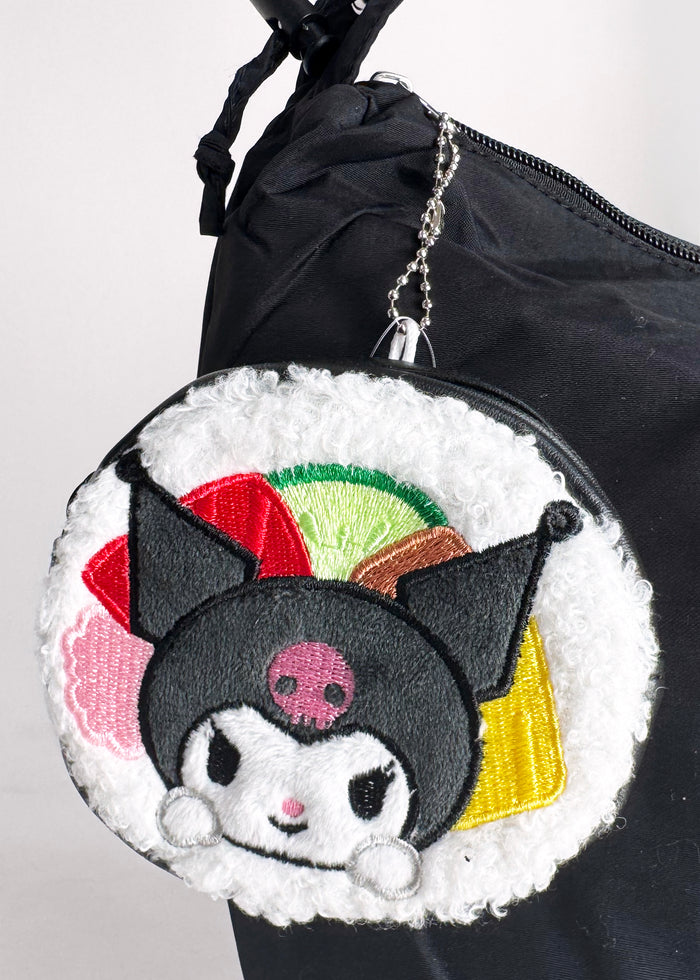 Sanrio Kuromi Sushi Roll Plush Coin Bag in multi with Kuromi sushi roll plush on kawaii coin bag — detail view