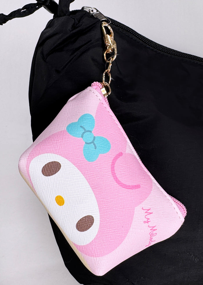 Sanrio My Melody Big Face Mini Coin Pouch in pink with full-front My Melody face on soft plush mini coin pouch — detail view