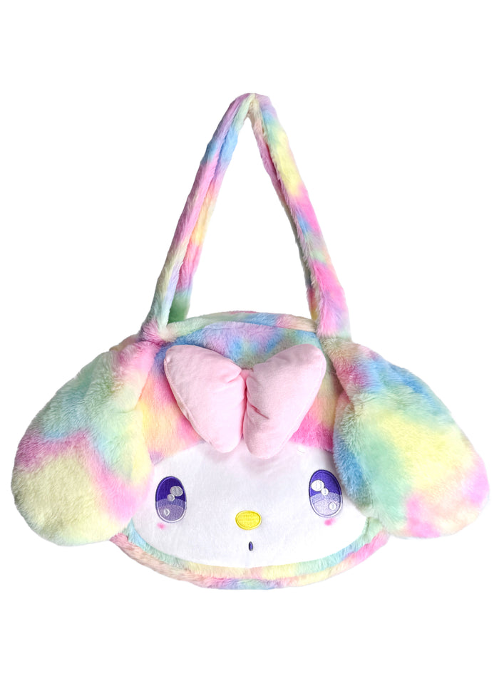 Sanrio My Melody Pastel Rainbow Anime Eyes Plush Tote in multi with My Melody face and pastel rainbow anime eyes on plush rave festival tote — front view