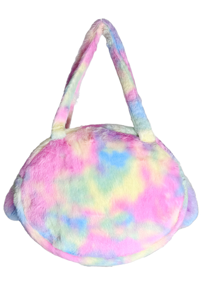 Sanrio My Melody Pastel Rainbow Anime Eyes Plush Tote in multi with My Melody face and pastel rainbow anime eyes on plush rave festival tote — back view