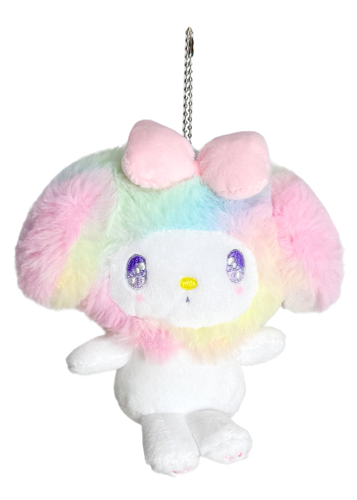 Sanrio My Melody Pastel Rainbow Plush Ball Chain Mascot Keychain in multi with soft My Melody plush on pastel rainbow ball chain festival keychain — front view