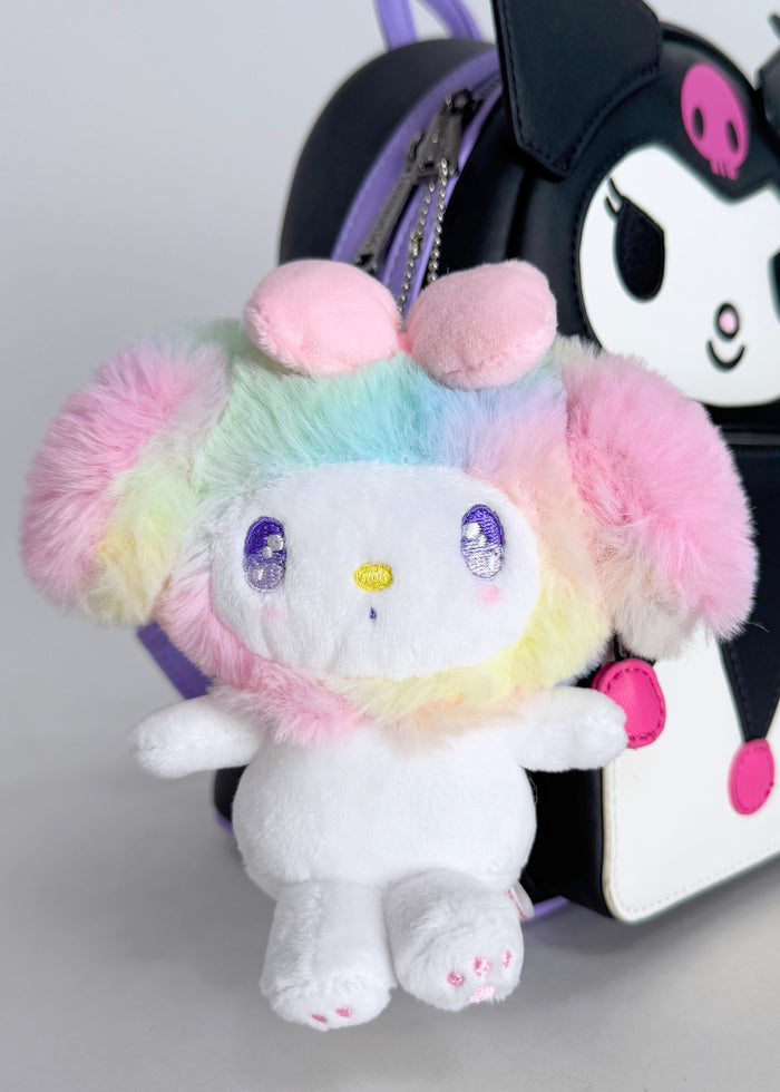 Sanrio My Melody Pastel Rainbow Plush Ball Chain Mascot Keychain in multi with soft My Melody plush on pastel rainbow ball chain festival keychain — model view