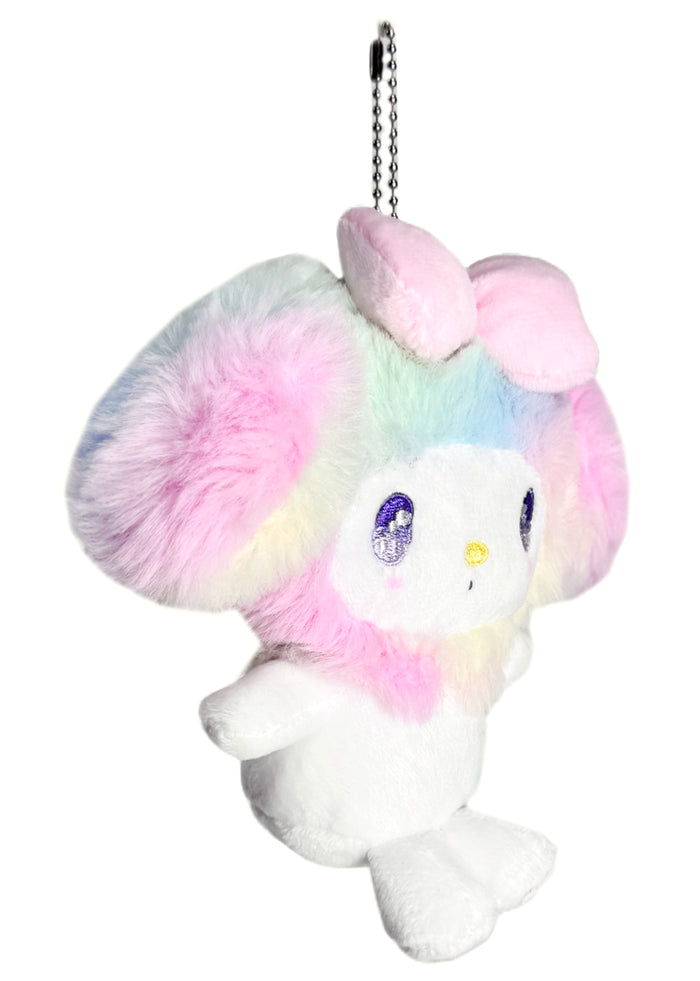 Sanrio My Melody Pastel Rainbow Plush Ball Chain Mascot Keychain in multi with soft My Melody plush on pastel rainbow ball chain festival keychain — side view