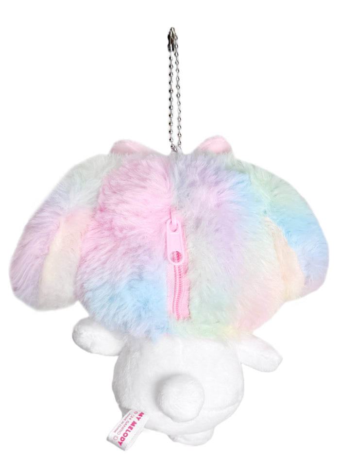 Sanrio My Melody Pastel Rainbow Plush Ball Chain Mascot Keychain in multi with soft My Melody plush on pastel rainbow ball chain festival keychain — back view