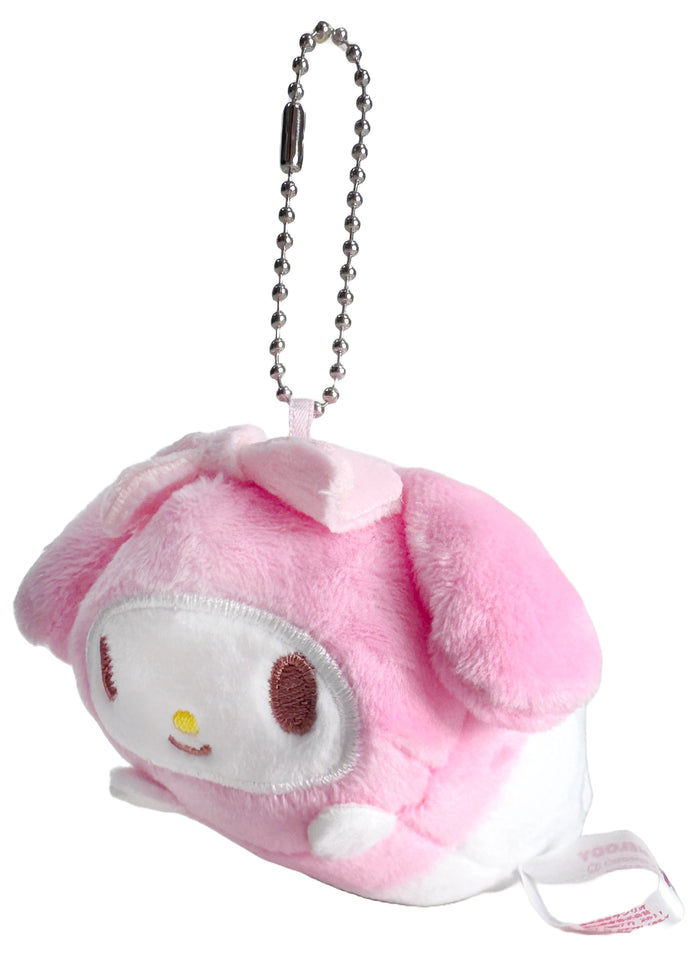 Sanrio My Melody Plush Mascot Keychain in pink with chibi My Melody plush on soft festival mascot keychain — front view