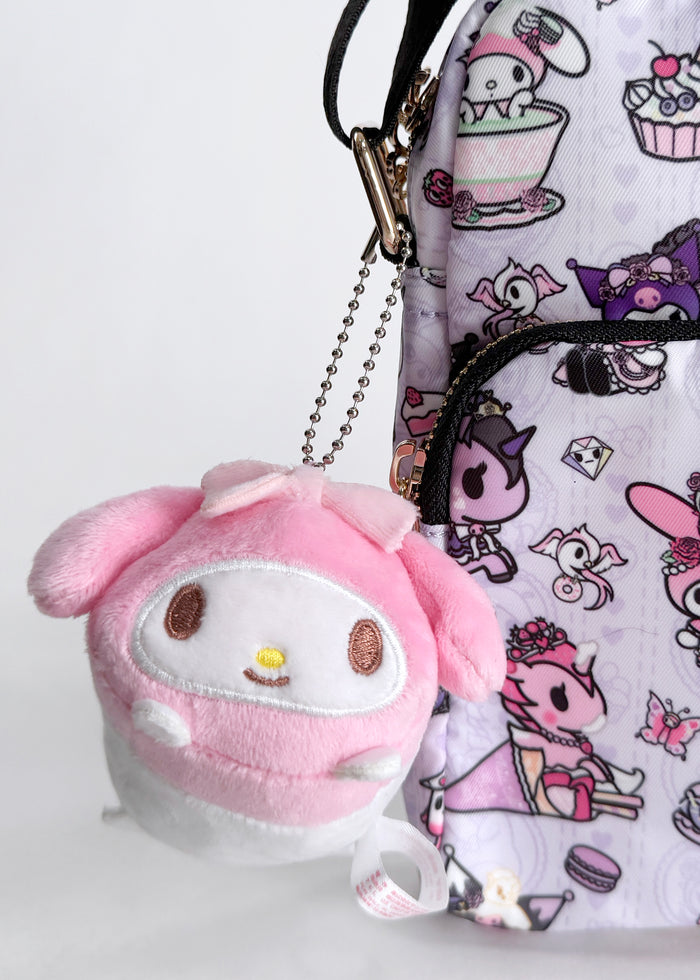 Sanrio My Melody Plush Mascot Keychain in pink with chibi My Melody plush on soft festival mascot keychain — detail view