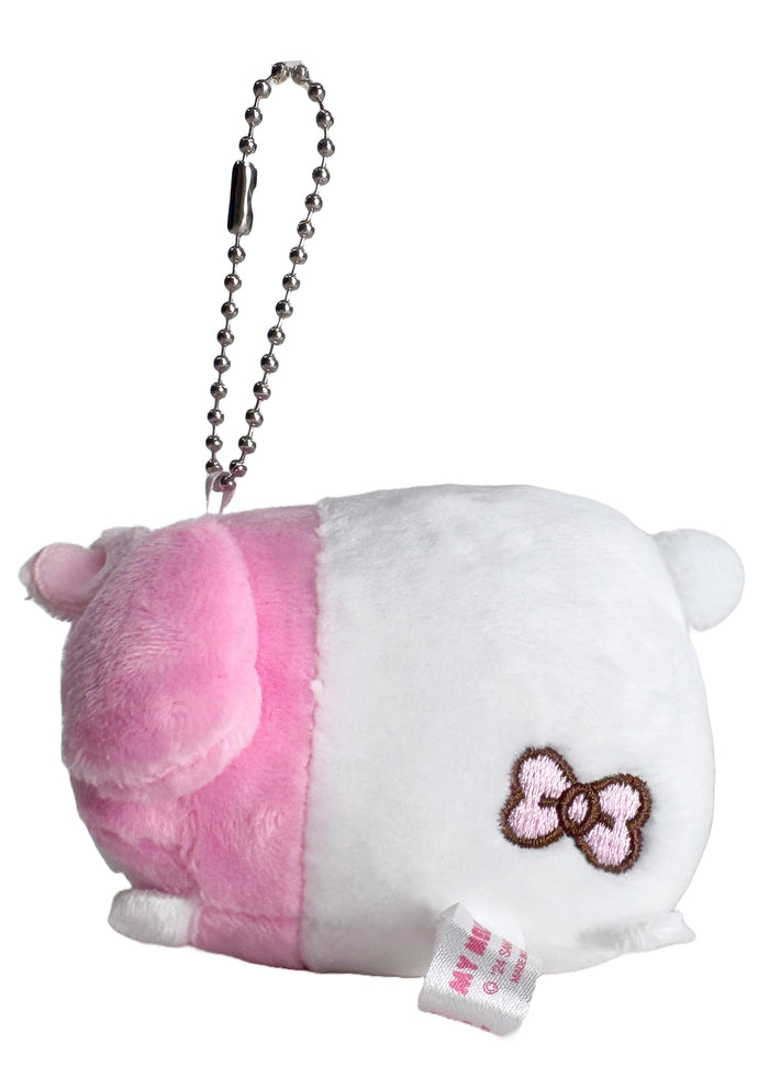 Sanrio My Melody Plush Mascot Keychain in pink with chibi My Melody plush on soft festival mascot keychain — side view