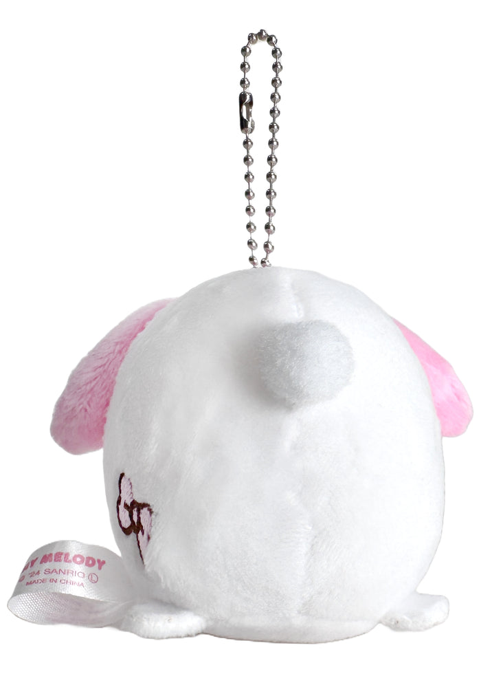 Sanrio My Melody Plush Mascot Keychain in pink with chibi My Melody plush on soft festival mascot keychain — back view