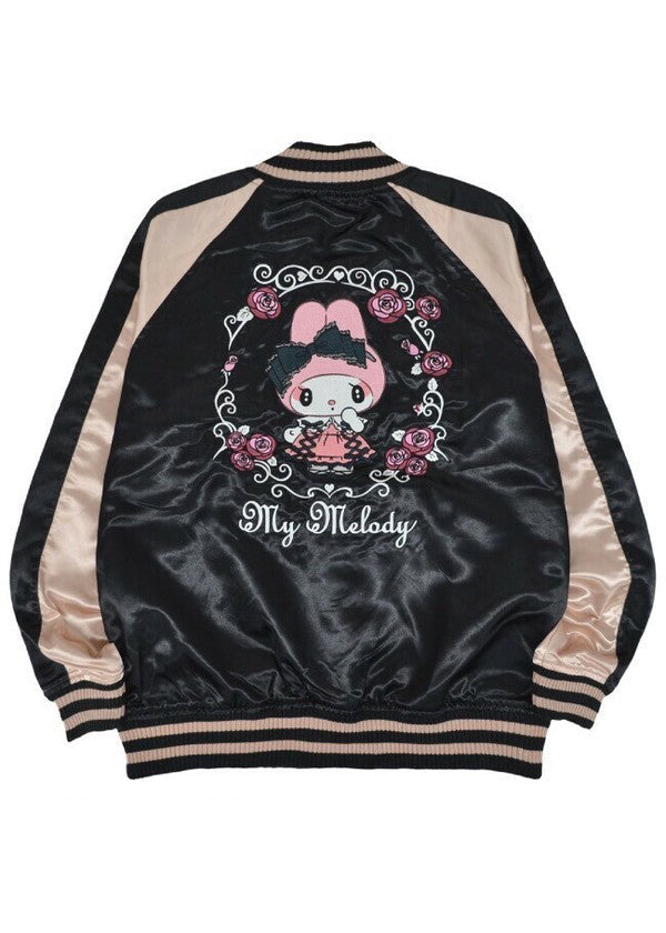 Sanrio My Melody Sweet Lolita Black Pink Bomber Jacket in black pink with My Melody lolita-themed embroidery on satin festival bomber — back view