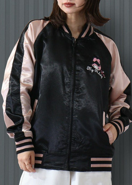 Sanrio My Melody Sweet Lolita Black Pink Bomber Jacket in black pink with My Melody lolita-themed embroidery on satin festival bomber — model front view
