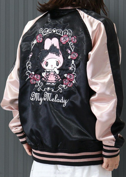 Sanrio My Melody Sweet Lolita Black Pink Bomber Jacket in black pink with My Melody lolita-themed embroidery on satin festival bomber — model side view