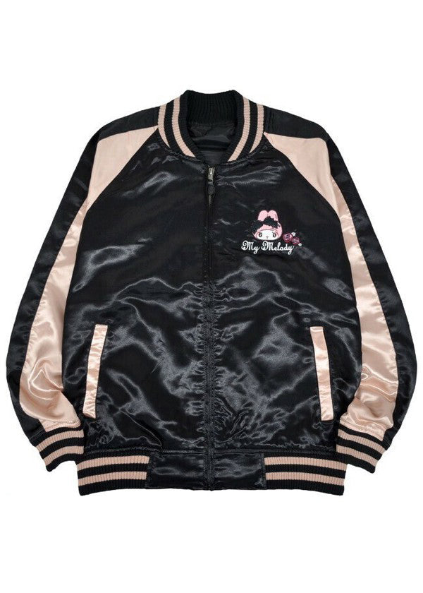 Sanrio My Melody Sweet Lolita Black Pink Bomber Jacket in black pink with My Melody lolita-themed embroidery on satin festival bomber — front view