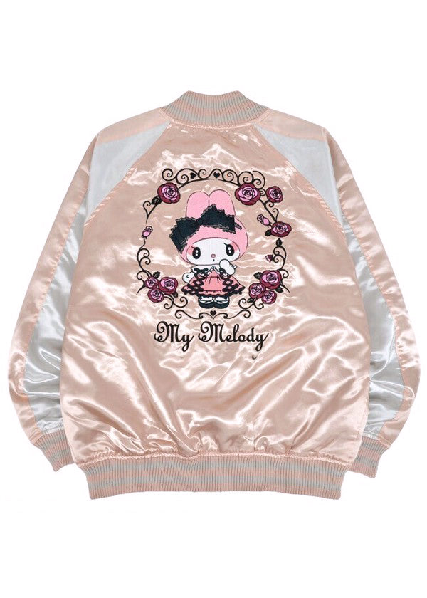Sanrio My Melody Sweet Lolita Pink Silver Bomber Jacket in pink silver with My Melody lolita-themed embroidery on satin festival bomber — back view