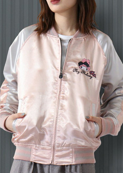 Sanrio My Melody Sweet Lolita Pink Silver Bomber Jacket in pink silver with My Melody lolita-themed embroidery on satin festival bomber — model front view