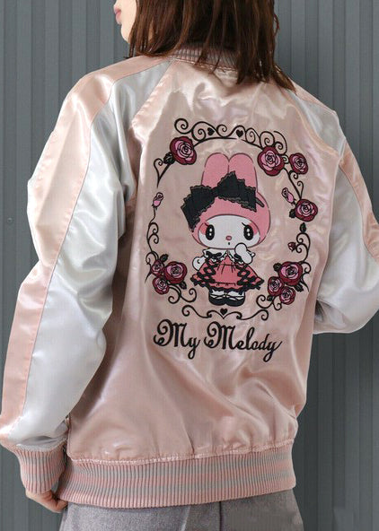 Sanrio My Melody Sweet Lolita Pink Silver Bomber Jacket in pink silver with My Melody lolita-themed embroidery on satin festival bomber — model side view