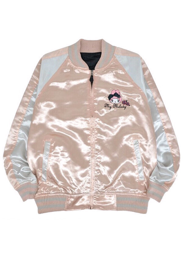 Sanrio My Melody Sweet Lolita Pink Silver Bomber Jacket in pink silver with My Melody lolita-themed embroidery on satin festival bomber — front view