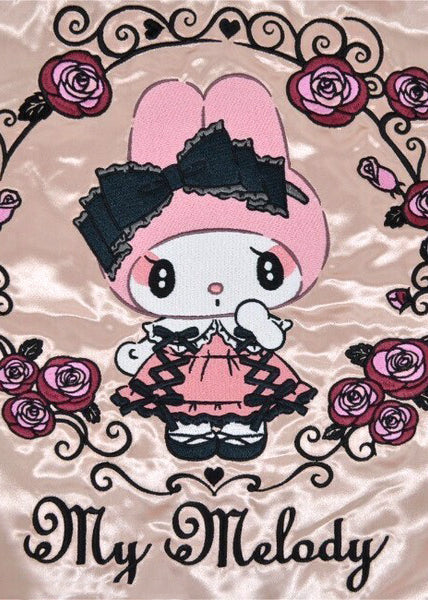 Sanrio My Melody Sweet Lolita Pink Silver Bomber Jacket in pink silver with My Melody lolita-themed embroidery on satin festival bomber — embroidery detail view