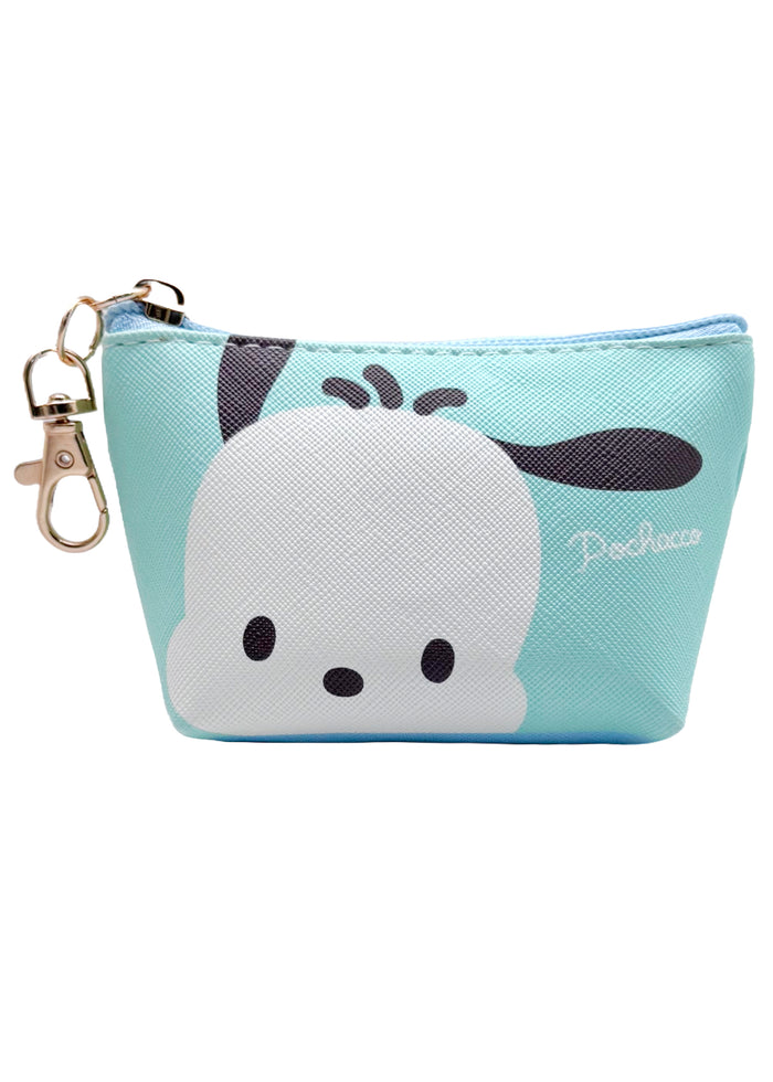 Sanrio Pochacco Big Face Mini Coin Pouch in aqua with full-front Pochacco face on soft plush mini coin pouch — front view