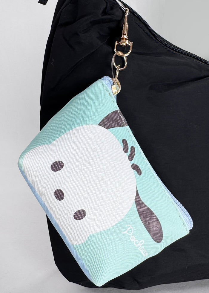 Sanrio Pochacco Big Face Mini Coin Pouch in aqua with full-front Pochacco face on soft plush mini coin pouch — detail view