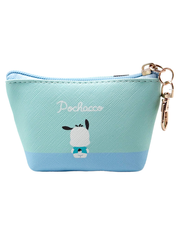 Sanrio Pochacco Big Face Mini Coin Pouch in aqua with full-front Pochacco face on soft plush mini coin pouch — back view
