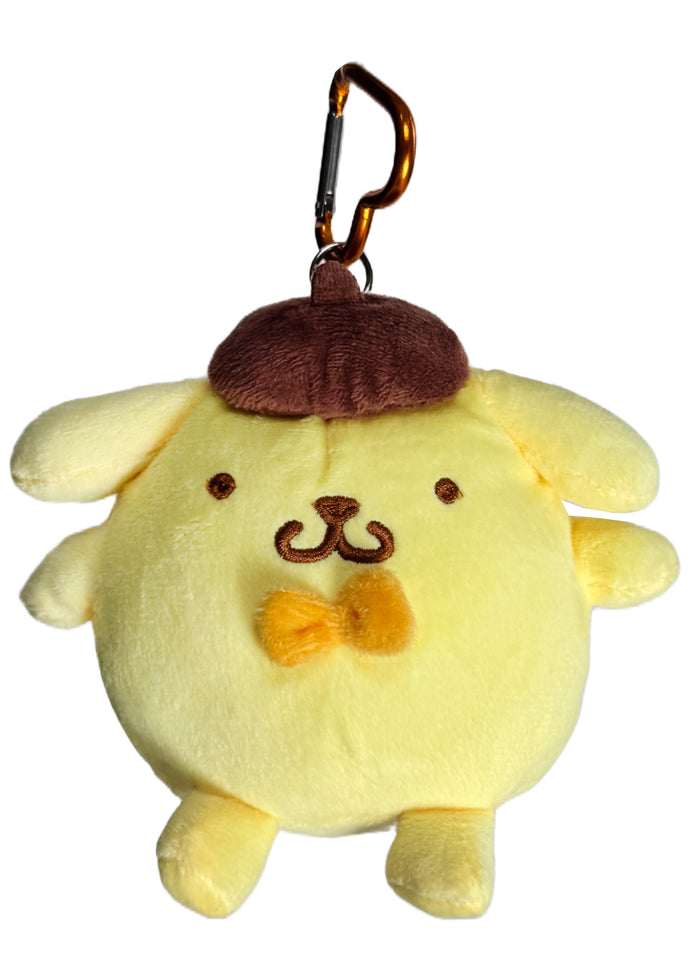 Sanrio Pompompurin Plush Mascot Carabiner Pouch in yellow with 3D Pompompurin plush on carabiner pouch festival accessory — front view