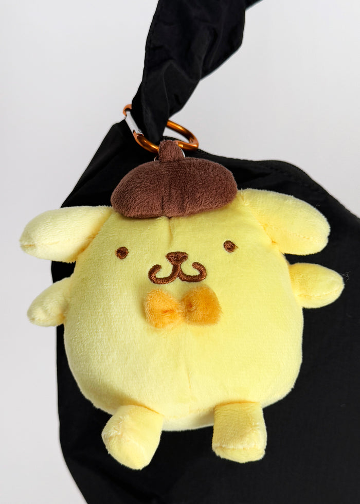 Sanrio Pompompurin Plush Mascot Carabiner Pouch in yellow with 3D Pompompurin plush on carabiner pouch festival accessory — model view